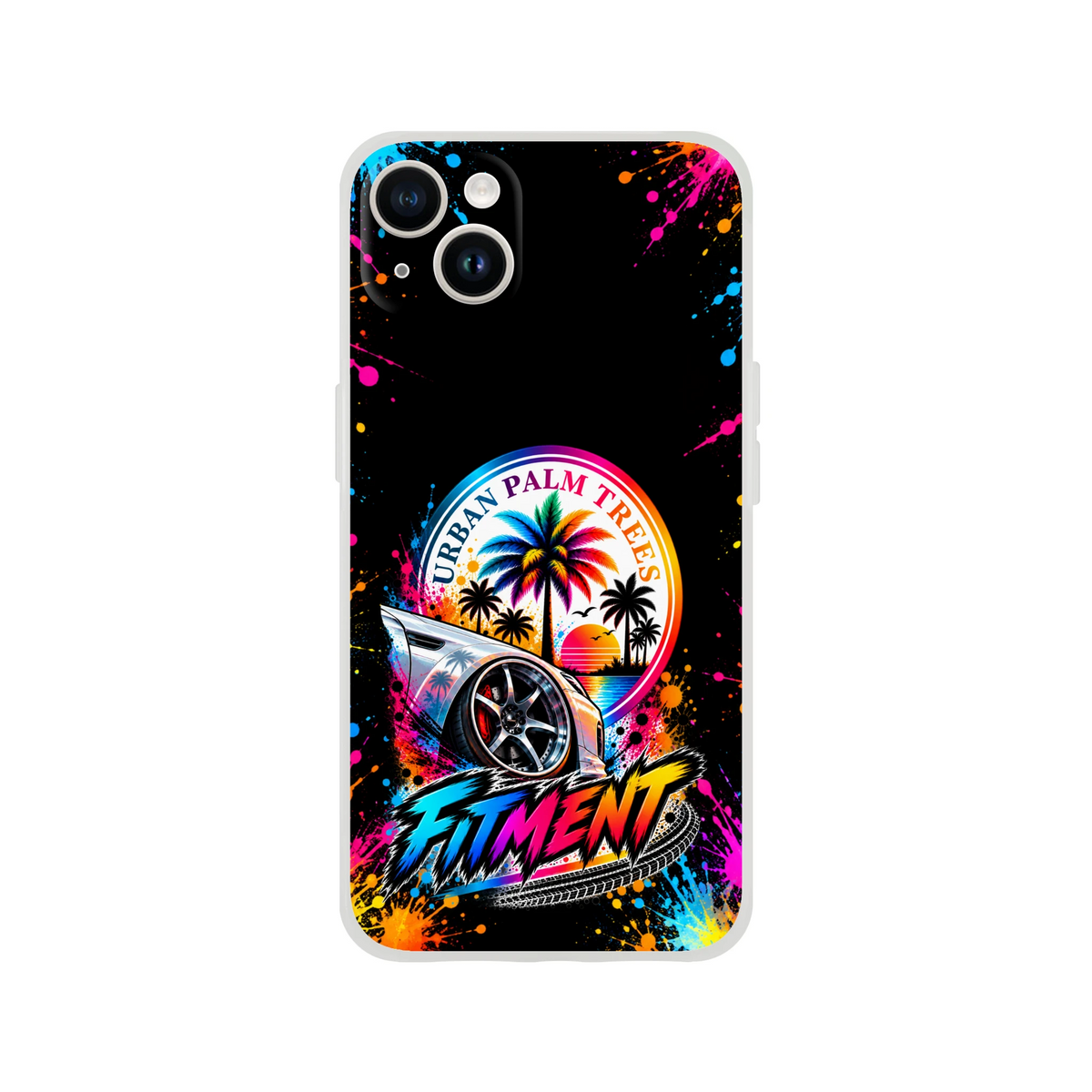 Fitment Stance iPhone case with lowered car, Urban Palm Trees sunset graphic, and colorful paint splatters on black matte background.