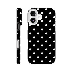 Black and white polka dot tough iPhone case with glossy wraparound print and shock-absorbing TPU core for impact resistance.