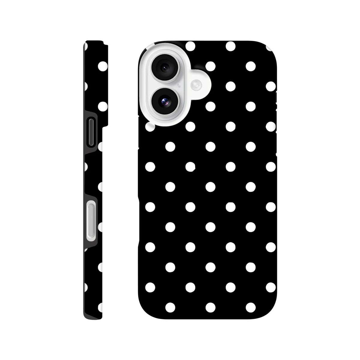 Black and white polka dot tough iPhone case with glossy wraparound print and shock-absorbing TPU core for impact resistance.