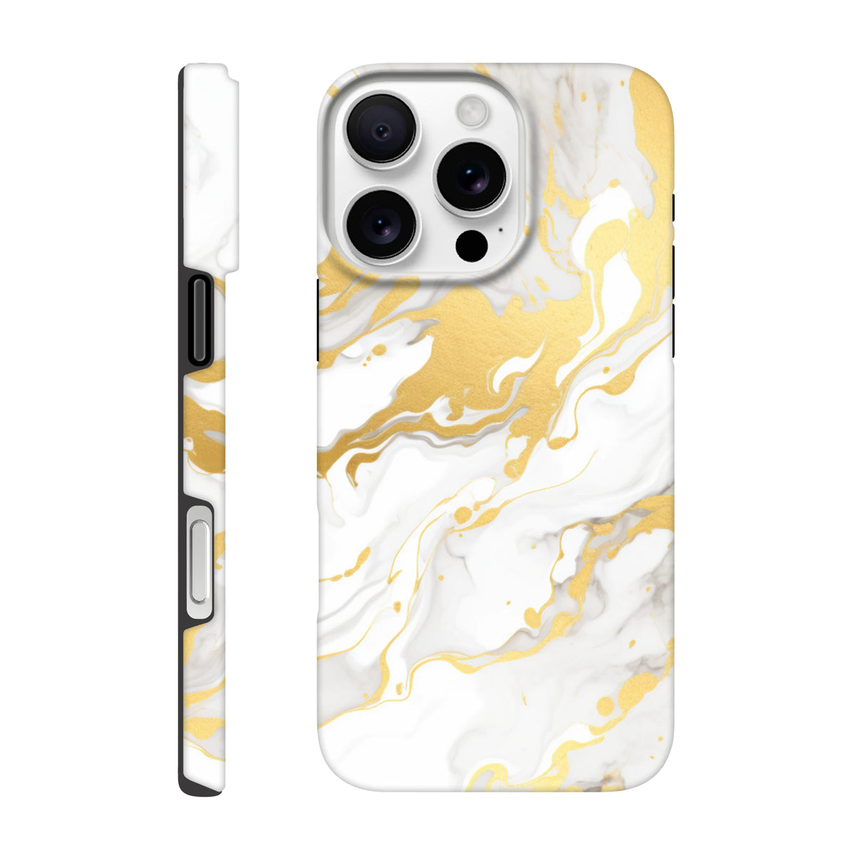 Luxury white and gold marble iPhone case featuring an abstract fluid pattern. Seamless wraparound design for models 13-16.