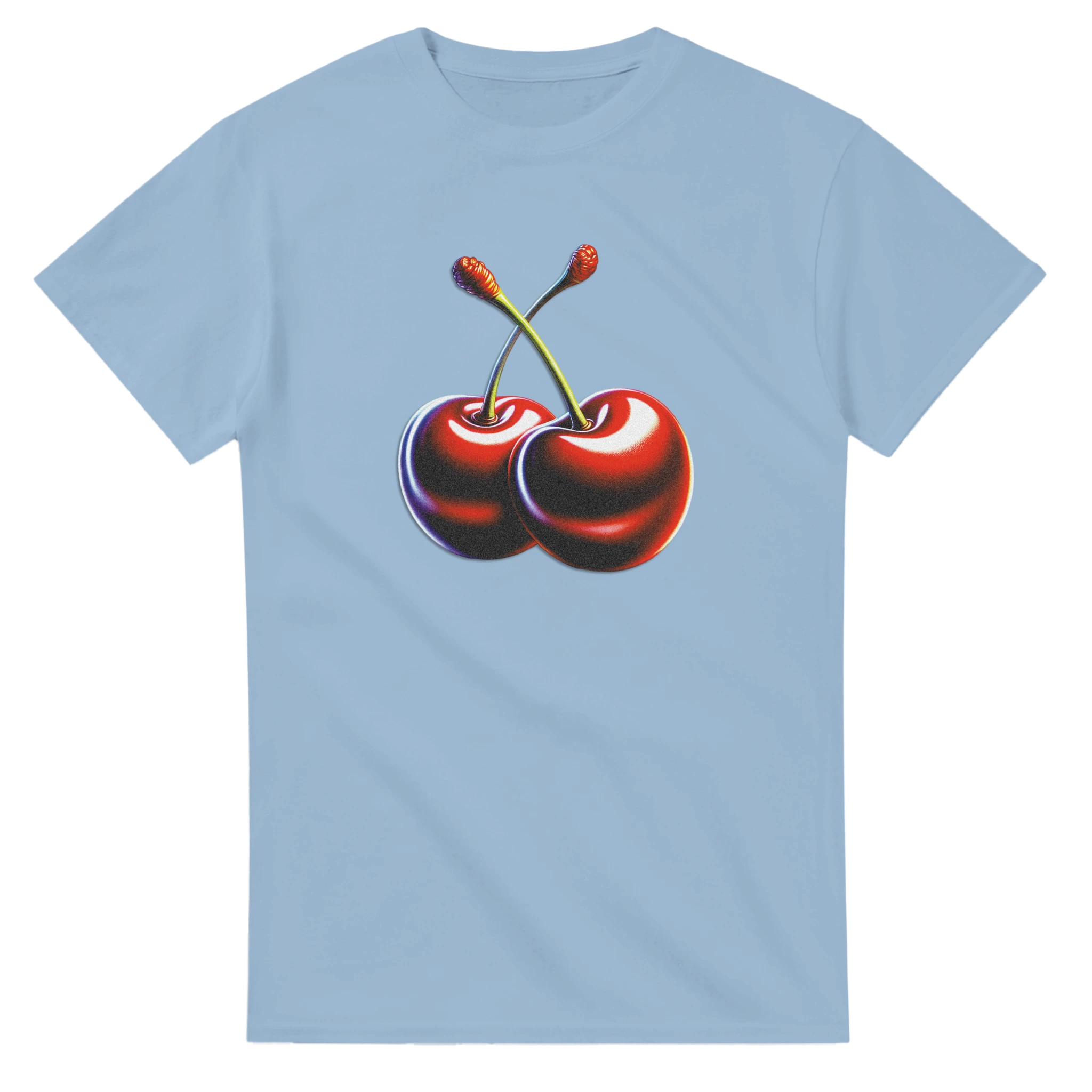 Light blue women's graphic tee with a centered two-red-cherry graphic and stems.