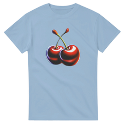 Light blue women's graphic tee with a centered two-red-cherry graphic and stems.