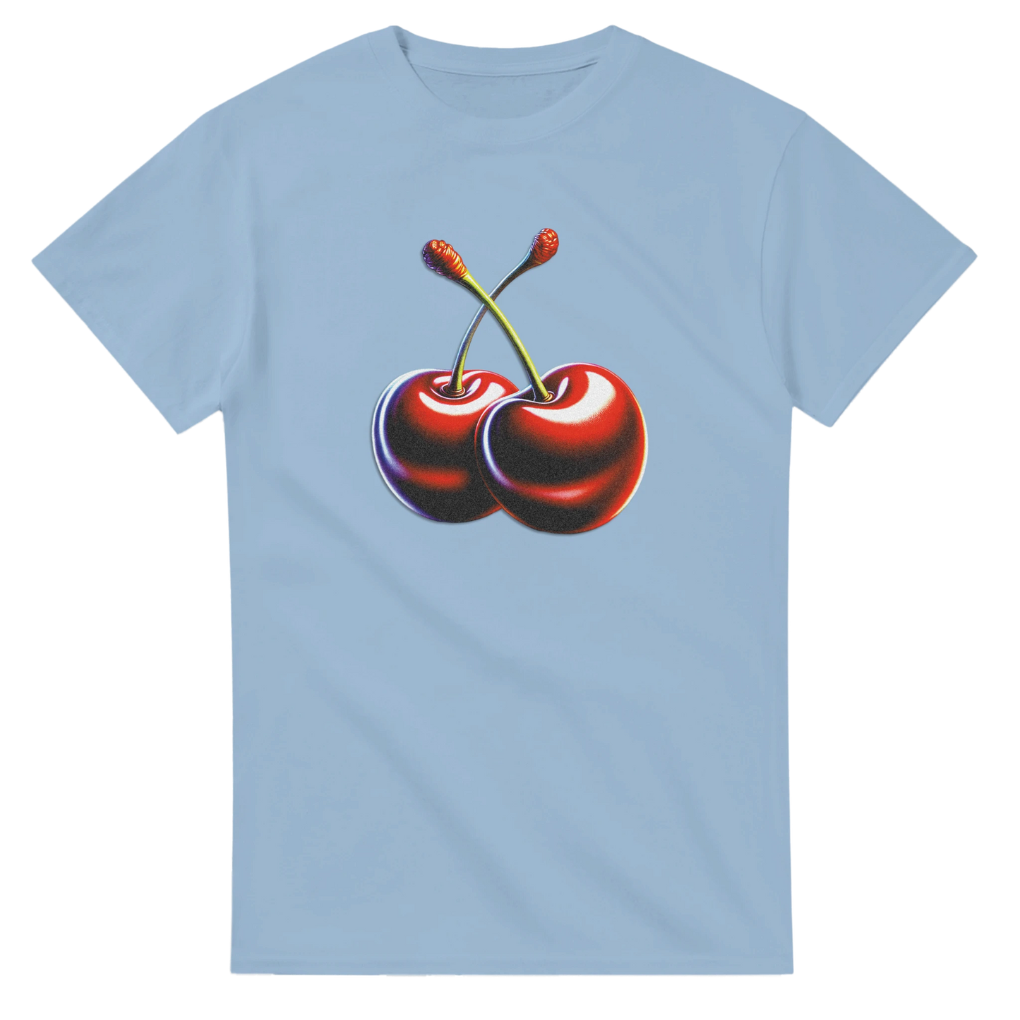 Light blue women's graphic tee with a centered two-red-cherry graphic and stems.