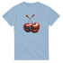 Light blue women's graphic tee with a centered two-red-cherry graphic and stems.