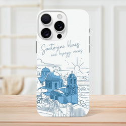 White iPhone case featuring blue Santorini dome illustration and "Santorini blues and breezy views" script text.