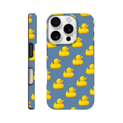 Blue iPhone case featuring a pattern of cute yellow rubber ducks and tough protection for streetwear style.