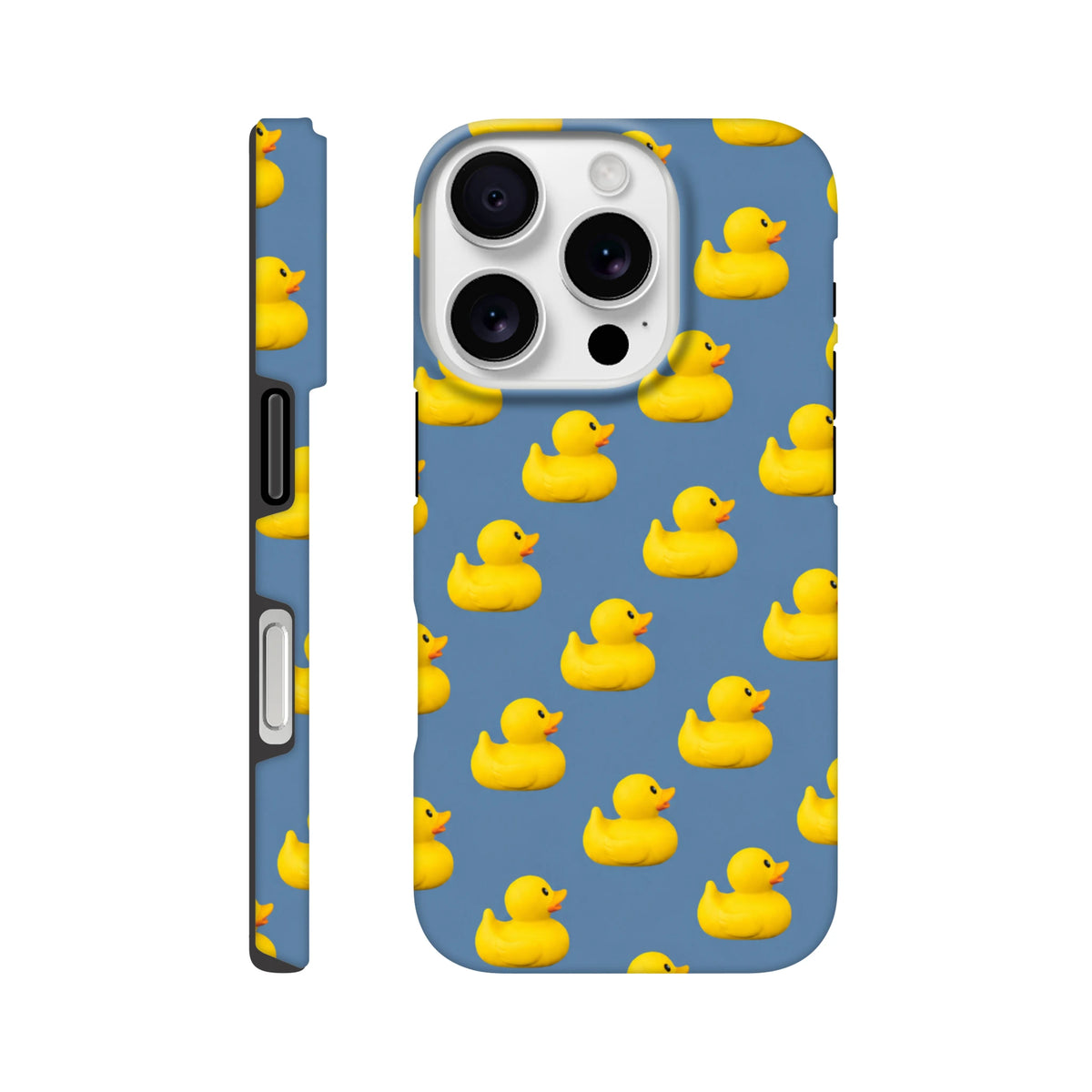 Blue iPhone case featuring a pattern of cute yellow rubber ducks and tough protection for streetwear style.