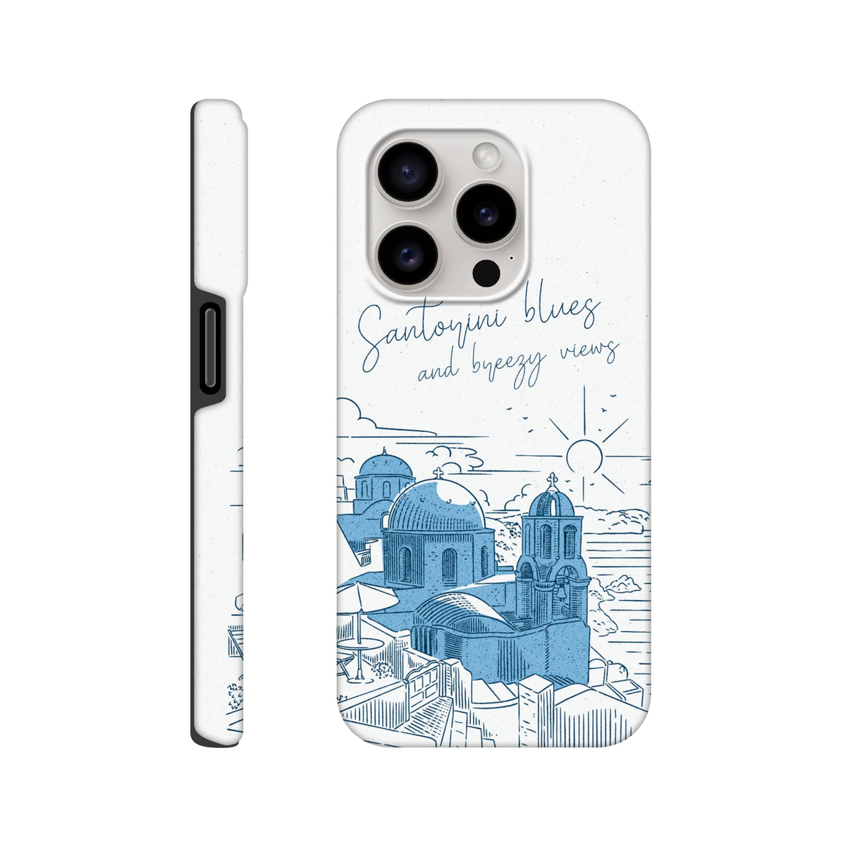 White iPhone case featuring a blue line-art illustration of Santorini domes and "Santorini blues" script.