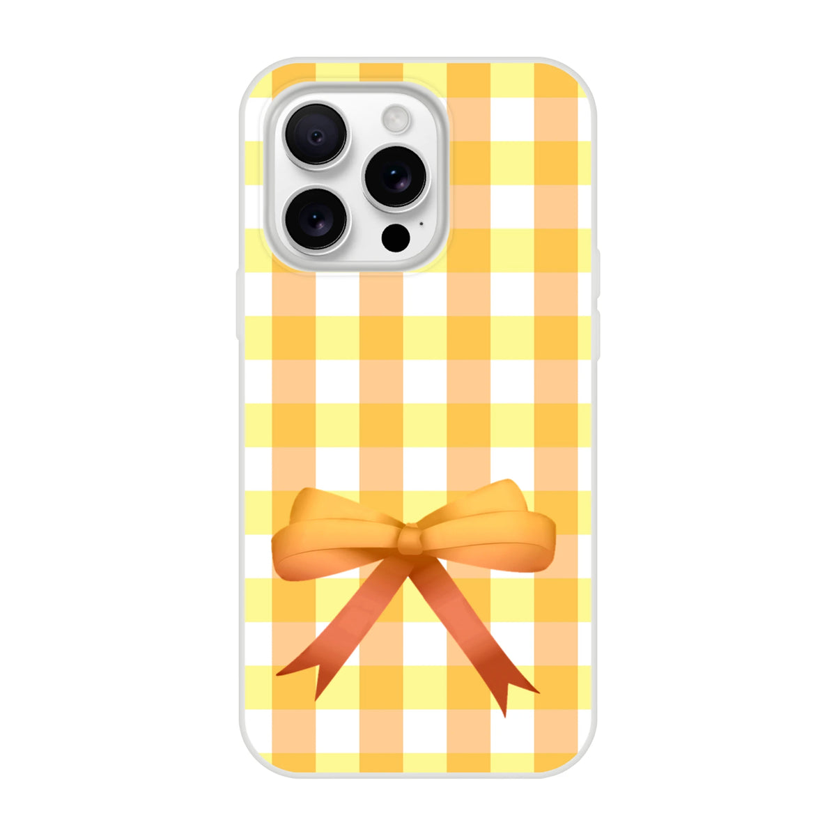 Yellow gingham bow iPhone case for iPhone 13–15 in a cute coquette aesthetic.