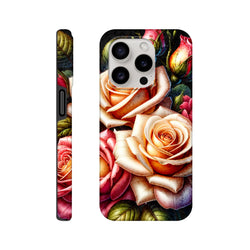 Romantic floral iPhone case featuring detailed peach and pink roses with green leaves on a dark background, showing reinforced corners and clear lens cutout.
