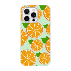 Cute orange slice pattern iPhone case on mint-green background with green leaves.