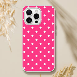 Retro hot pink iPhone case with white polka dots and matte finish. Lightweight TPU protection with shock-absorbing shell for daily use.