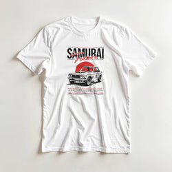 White cotton-blend men's graphic T-shirt with Japanese JDM car artwork, Samurai Treasure text, crew-neck.