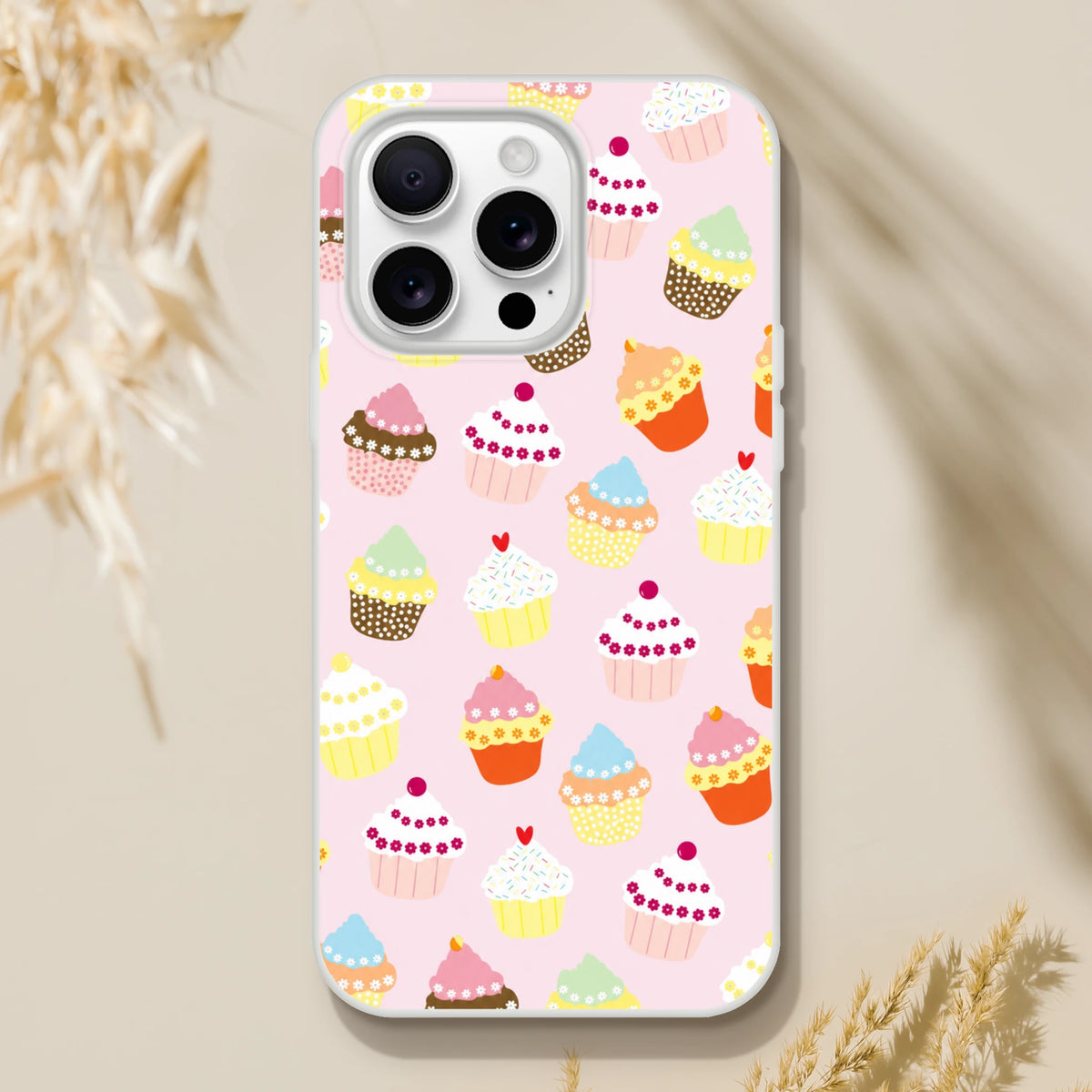 Pastel pink cupcake pattern iPhone case for iPhone 13-16; slim matte protective cover