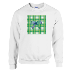 White pullover sweatshirt featuring a green gingham square graphic with a blue polka-dot bow, embodying cute coquette aesthetic streetwear.