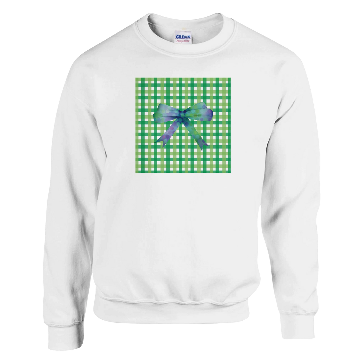 White pullover sweatshirt featuring a green gingham square graphic with a blue polka-dot bow, embodying cute coquette aesthetic streetwear.