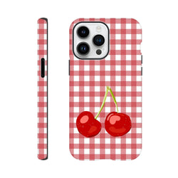 Tough iPhone case featuring a red and white gingham pattern with two glossy red cherries.