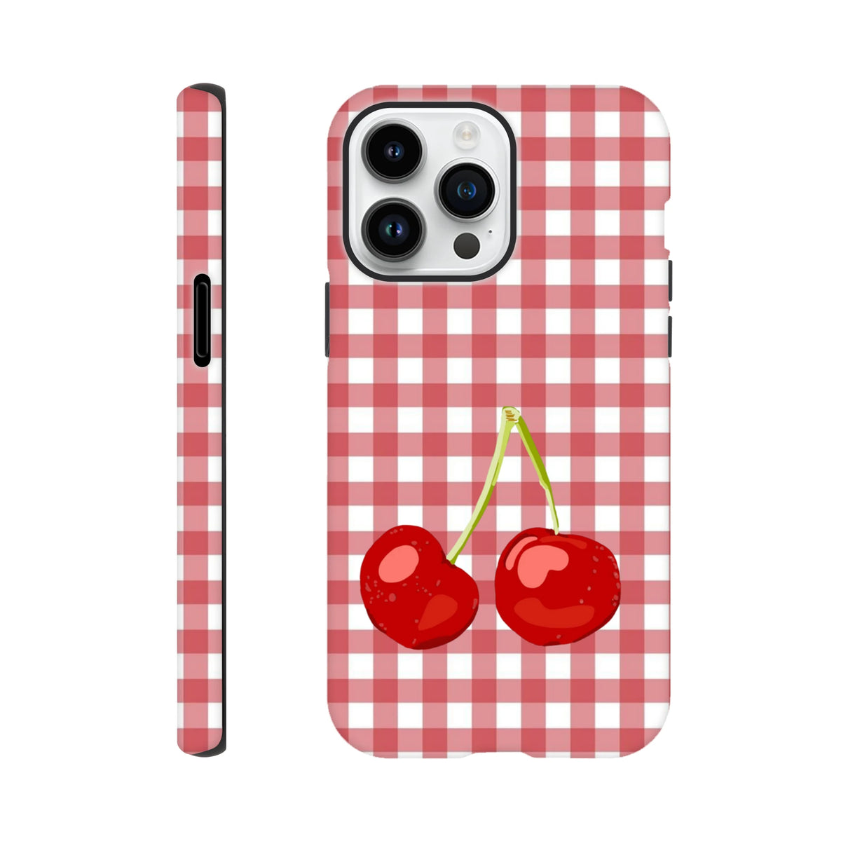 Tough iPhone case featuring a red and white gingham pattern with two glossy red cherries.