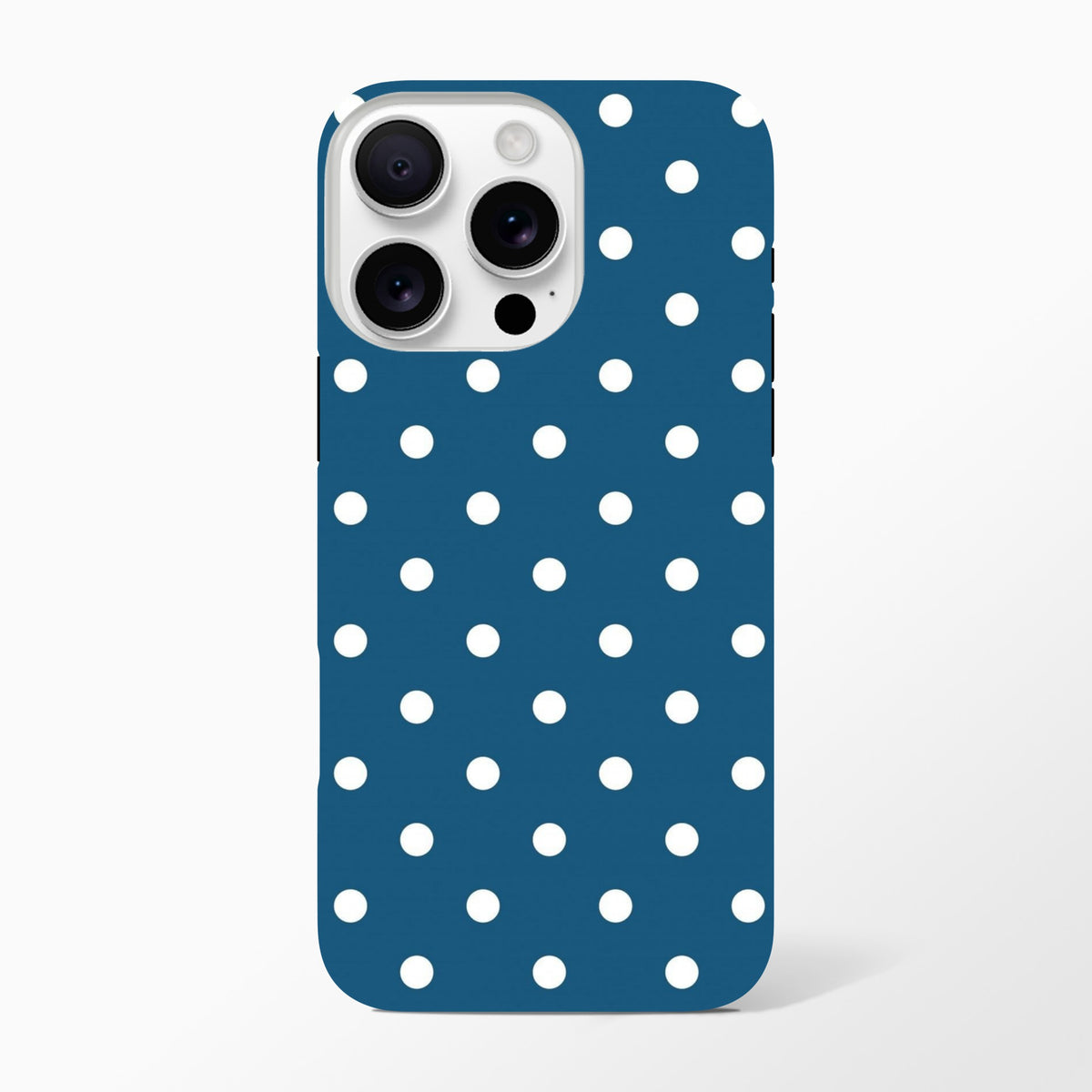 Navy blue tough iPhone case with white polka dots and glossy finish for iPhone 13-16.