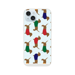 Cute Sausage Dog iPhone Case (13-16) with dachshund pattern on a light blue striped background.