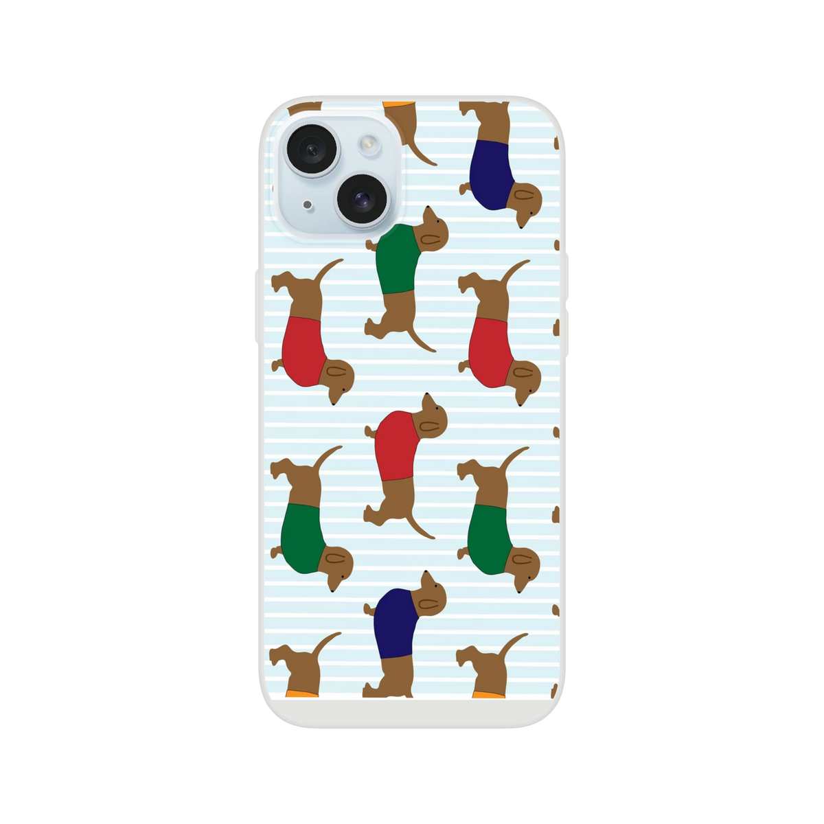 Cute Sausage Dog iPhone Case (13-16) with dachshund pattern on a light blue striped background.