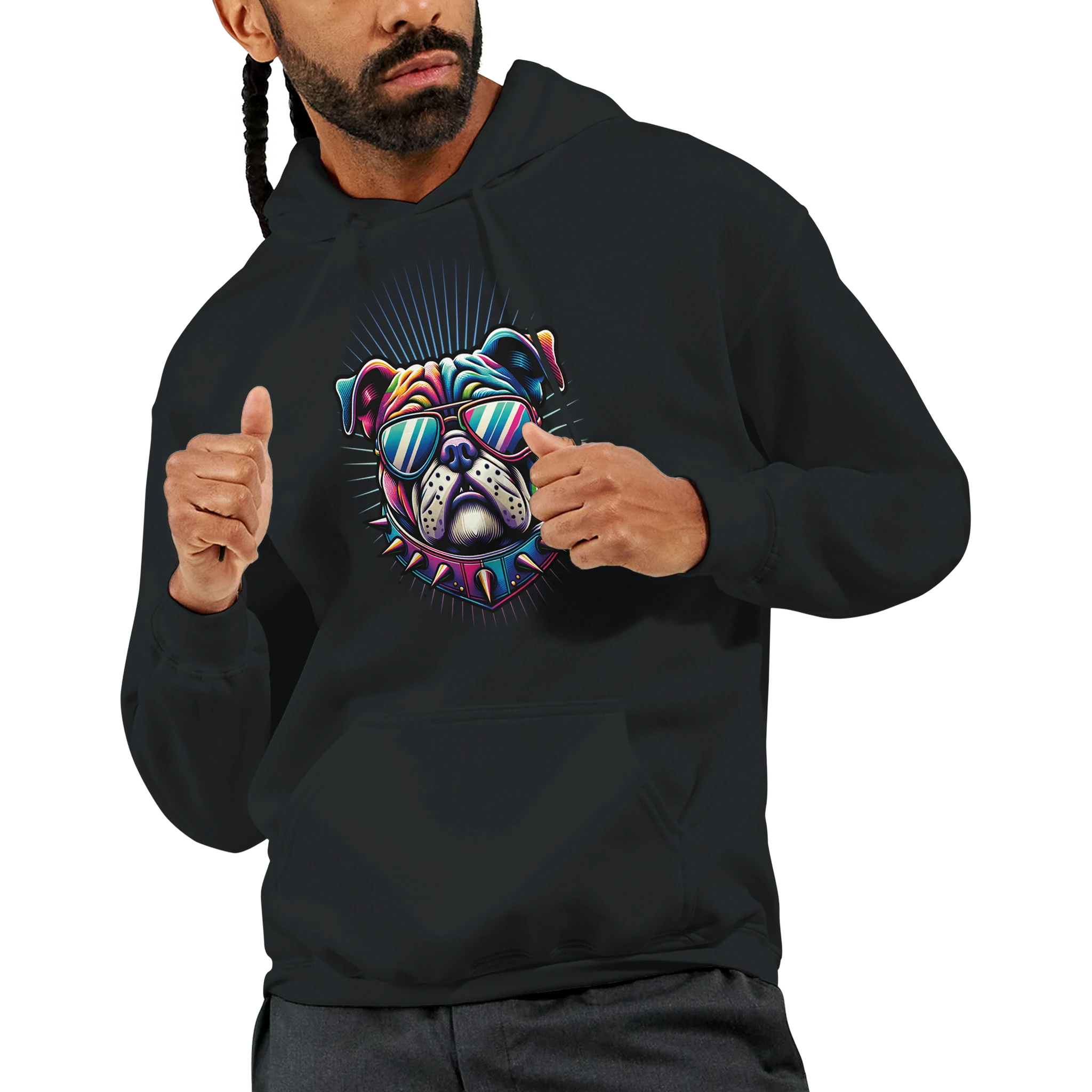 Men's black hoodie with neon bulldog graphic wearing sunglasses, front pocket, 50/50 cotton-poly blend.