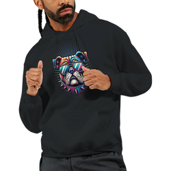 Men's black hoodie with neon bulldog graphic wearing sunglasses, front pocket, 50/50 cotton-poly blend.