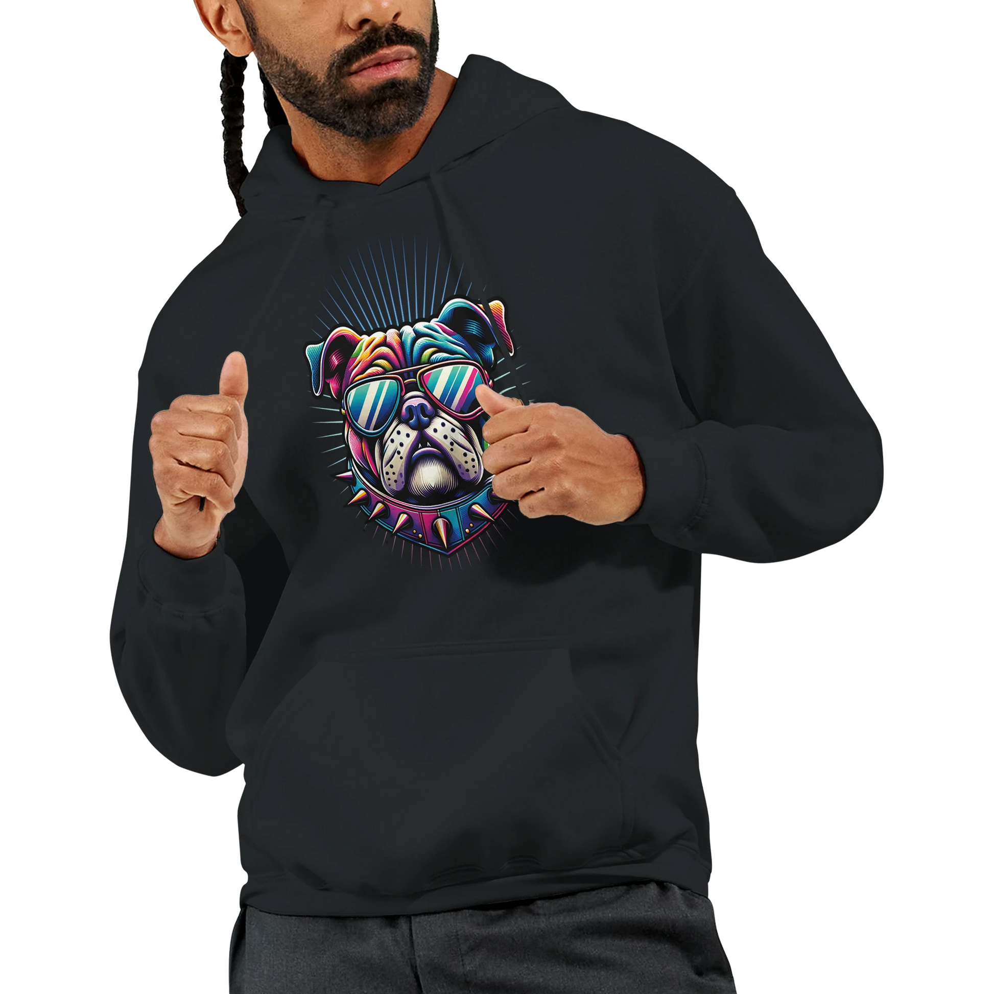 Men's black hoodie with neon bulldog graphic wearing sunglasses, front pocket, 50/50 cotton-poly blend.