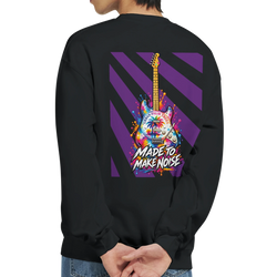 Black crewneck sweatshirt featuring a colorful retro electric guitar back print with purple stripes and "Made to Make Noise" text.