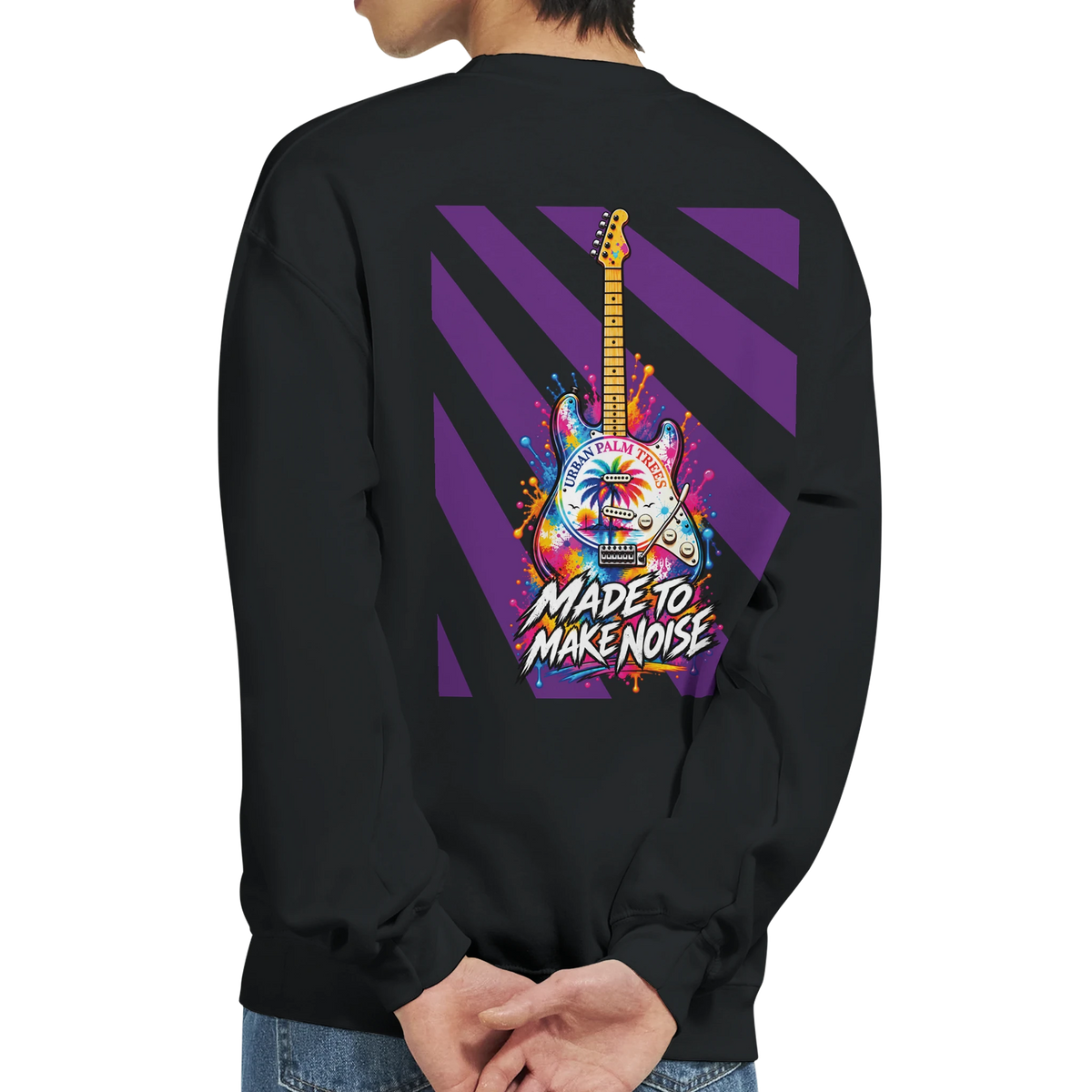 Black crewneck sweatshirt featuring a colorful retro electric guitar back print with purple stripes and "Made to Make Noise" text.