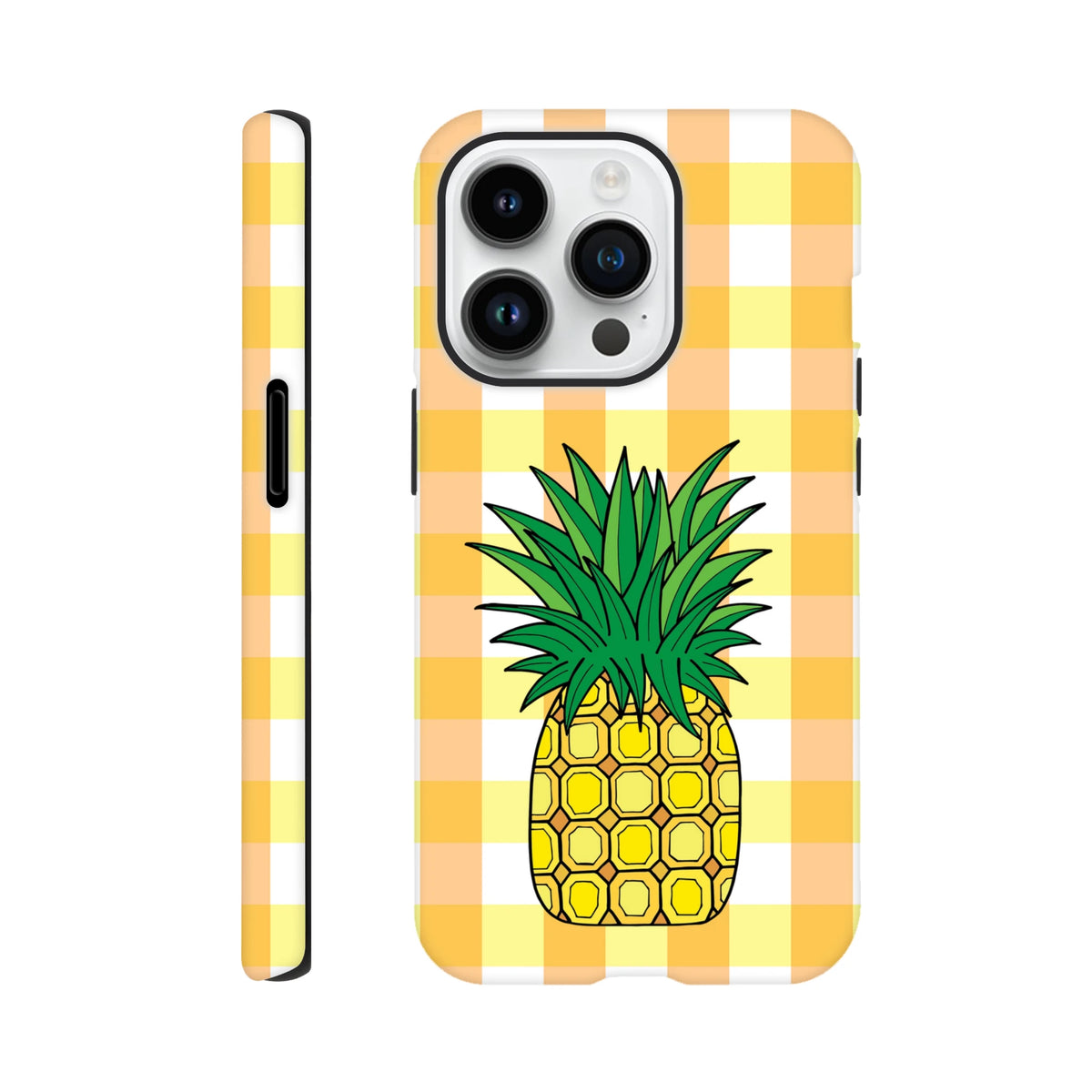 Yellow gingham iPhone case featuring a central pineapple illustration, offering cute tropical style and tough protection for iPhone 13-16 models.
