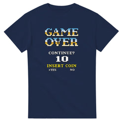 Navy blue men's graphic T-shirt with pixelated 'GAME OVER' arcade design, 'CONTINUE? 10' and INSERT COIN.