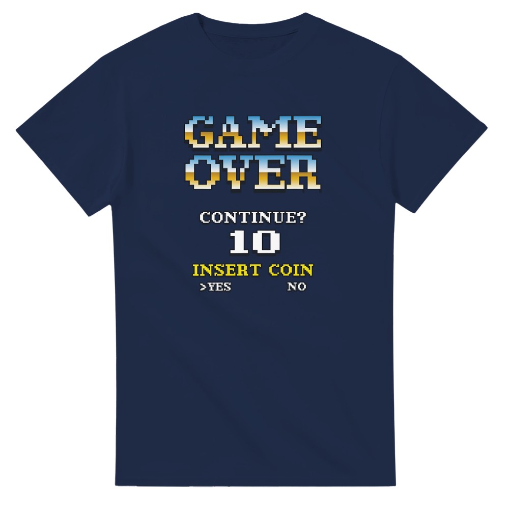 Navy blue men's graphic T-shirt with pixelated 'GAME OVER' arcade design, 'CONTINUE? 10' and INSERT COIN.