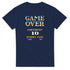 Navy blue men's graphic T-shirt with pixelated 'GAME OVER' arcade design, 'CONTINUE? 10' and INSERT COIN.