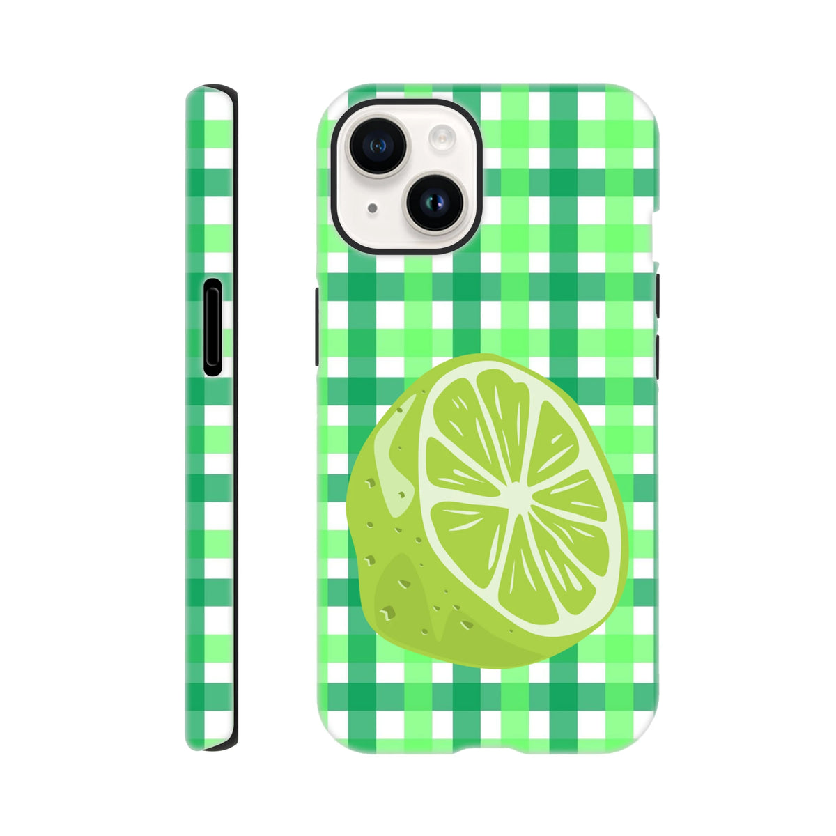 Lime gingham iPhone case featuring a glossy citrus slice print on a green checkered background with shock-absorbing protection.