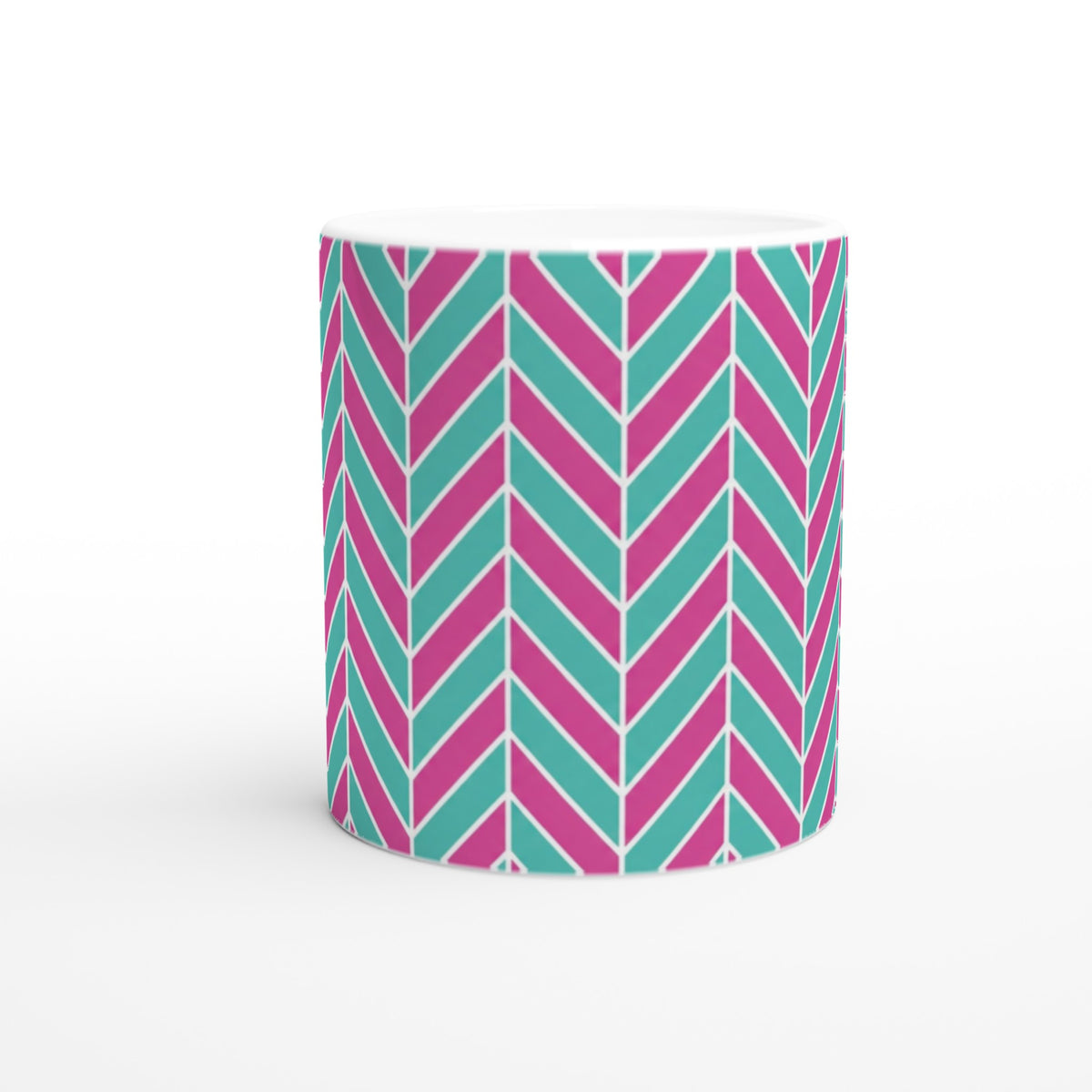 Pink and aqua herringbone pattern on glossy ceramic mug. Retro geometric chevron design for coffee or tea.