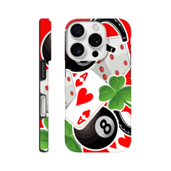 Tough iPhone case featuring an Ace of Hearts, green four-leaf clover, and black 8-ball graphic on a red background.