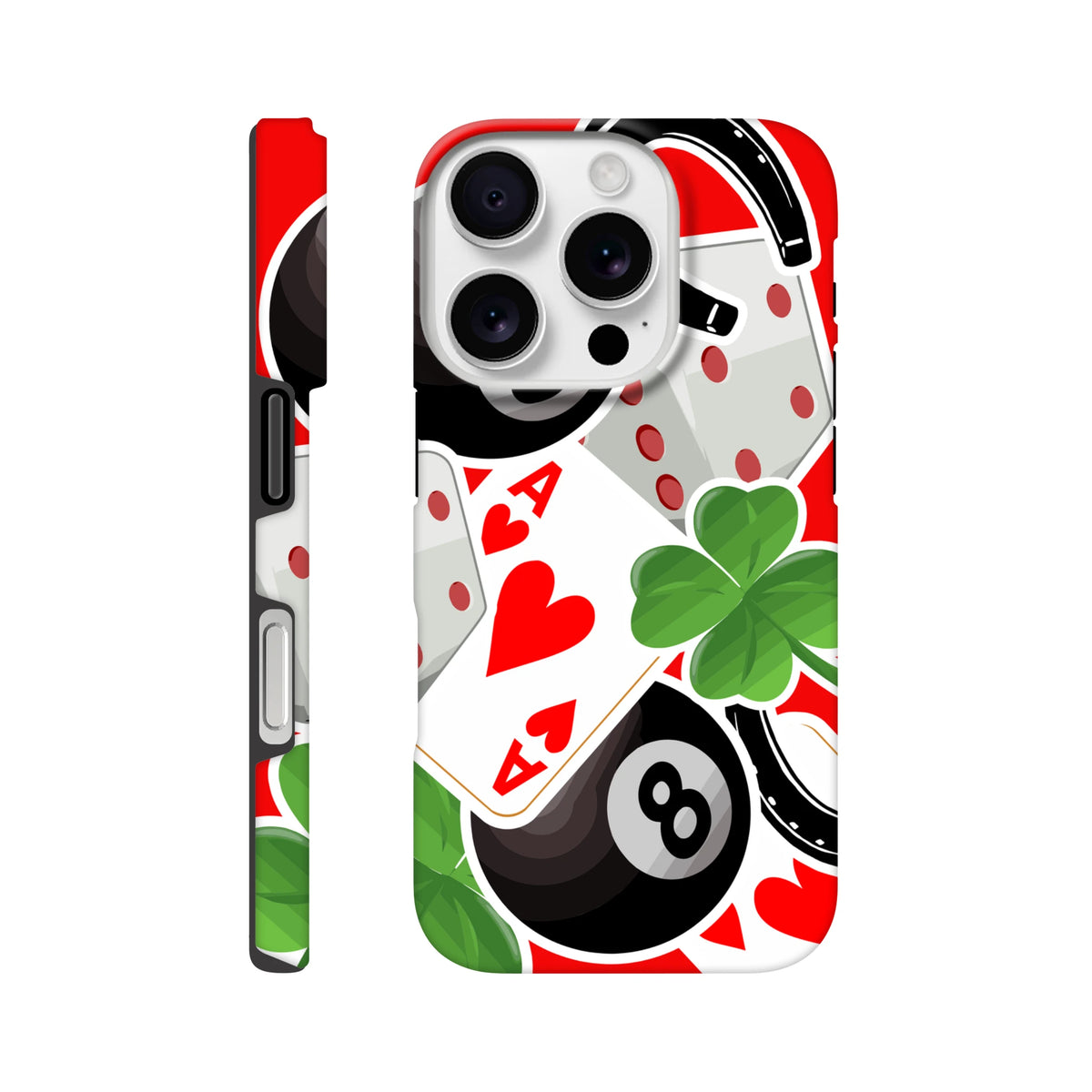 Tough iPhone case featuring an Ace of Hearts, green four-leaf clover, and black 8-ball graphic on a red background.