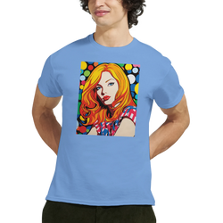 Light blue men's t-shirt featuring a vibrant pop art graphic of a blonde woman with colorful retro dots.