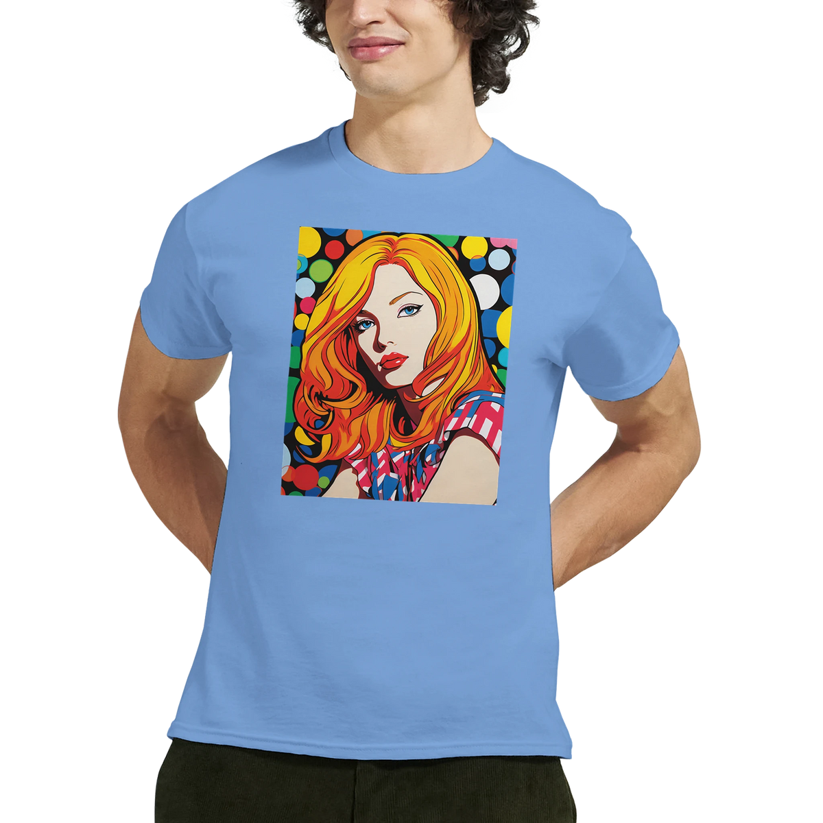 Light blue men's t-shirt featuring a vibrant pop art graphic of a blonde woman with colorful retro dots.