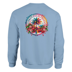 Light blue sweatshirt back featuring a retro tropical graphic with a palm tree, cherries, and Urban Palm Trees text.