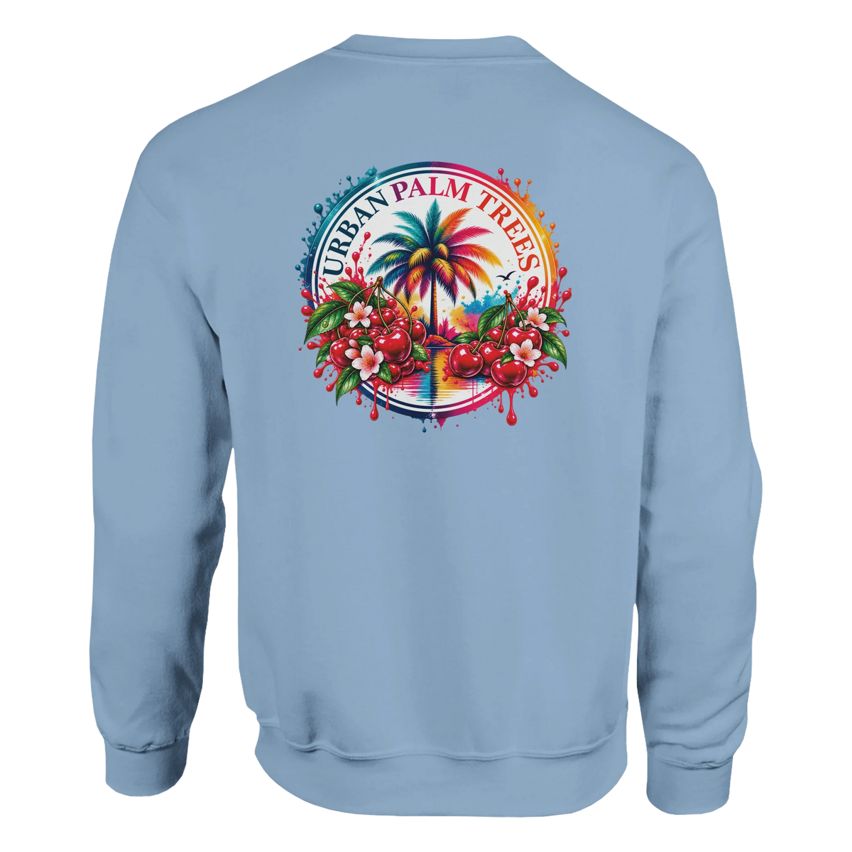 Light blue sweatshirt back featuring a retro tropical graphic with a palm tree, cherries, and Urban Palm Trees text.