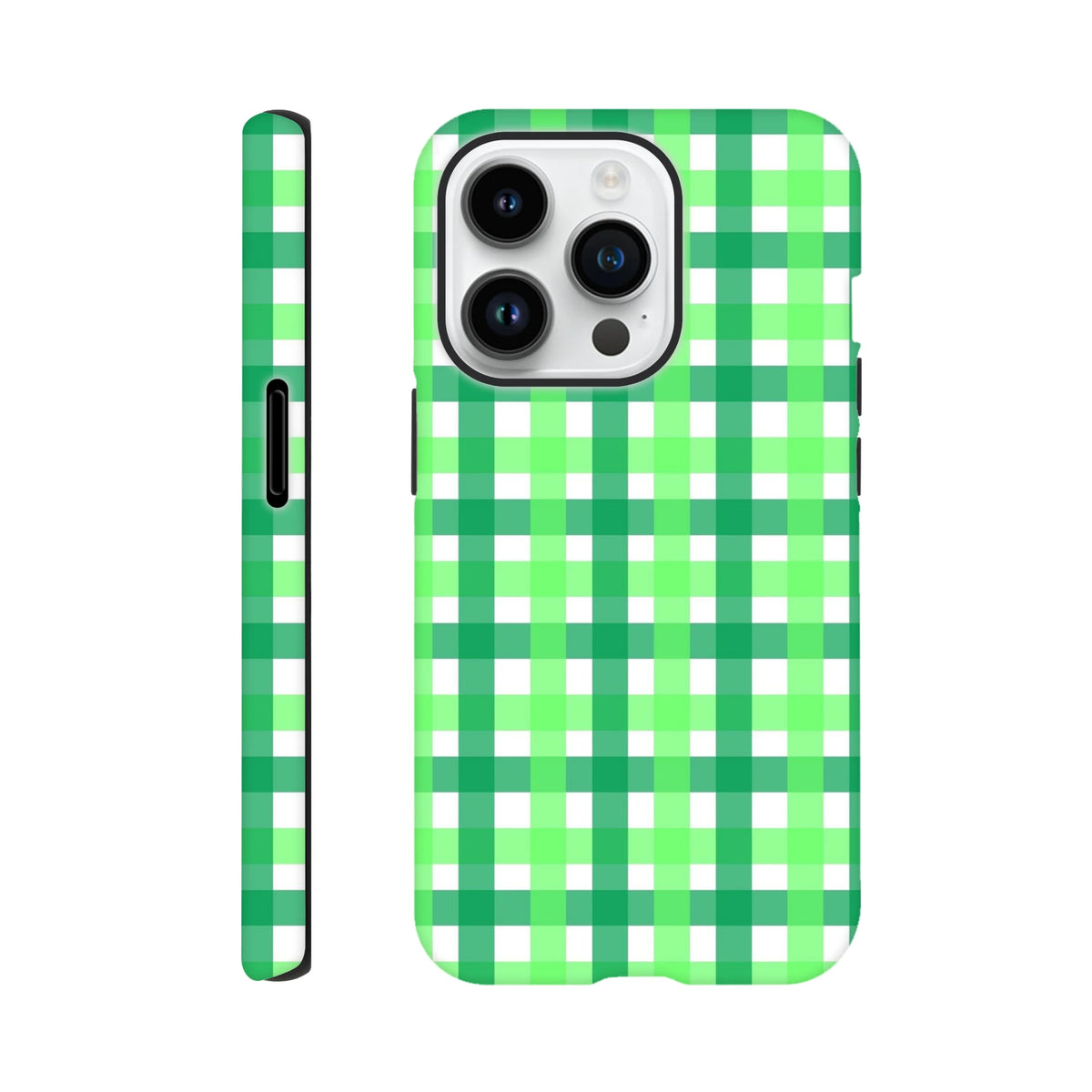 Retro green gingham tough iPhone case featuring bold wraparound plaid and shock-absorbing protection for daily use.