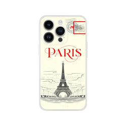 Vintage postcard Paris iPhone case with Eiffel Tower, stamps, and retro design.