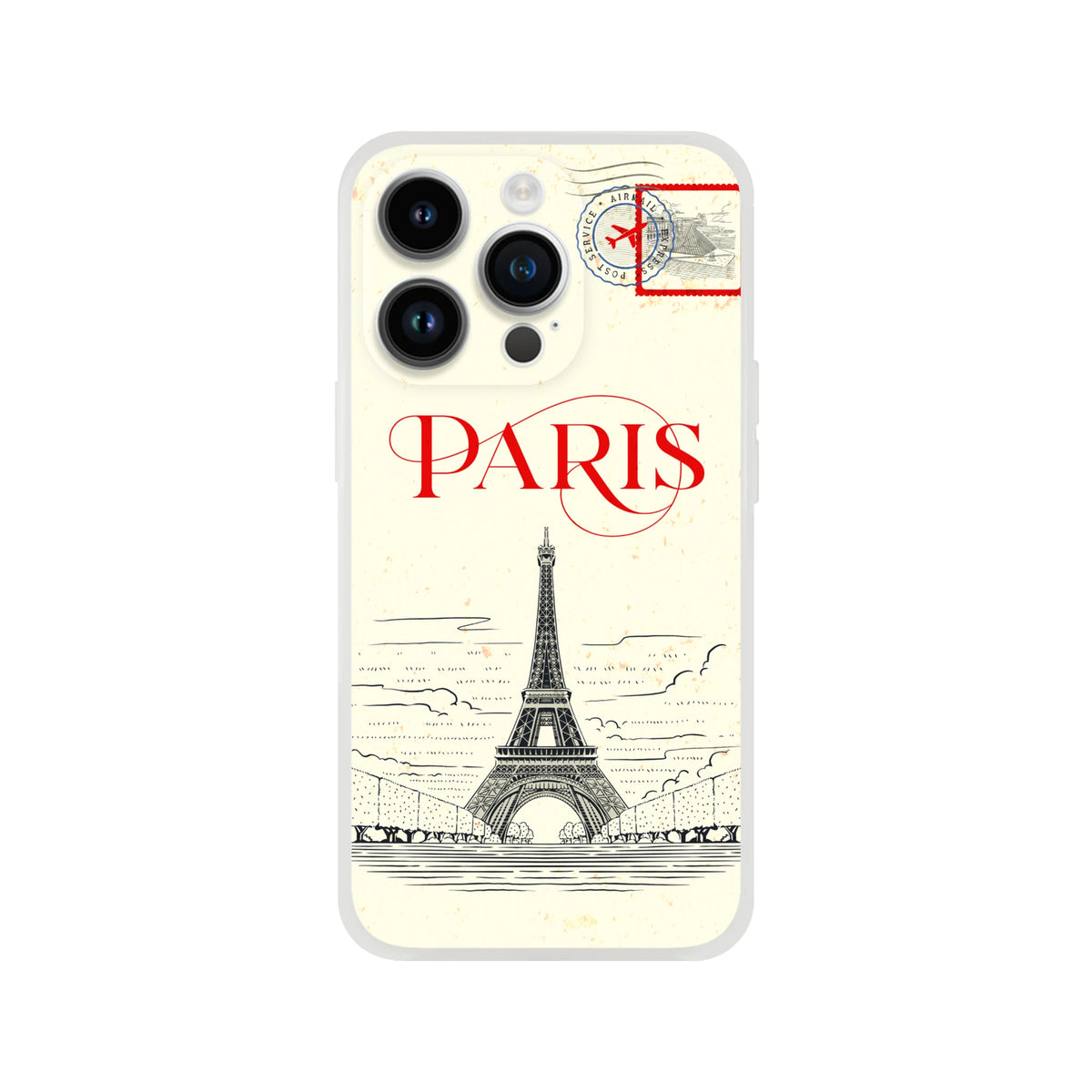Vintage postcard Paris iPhone case with Eiffel Tower, stamps, and retro design.