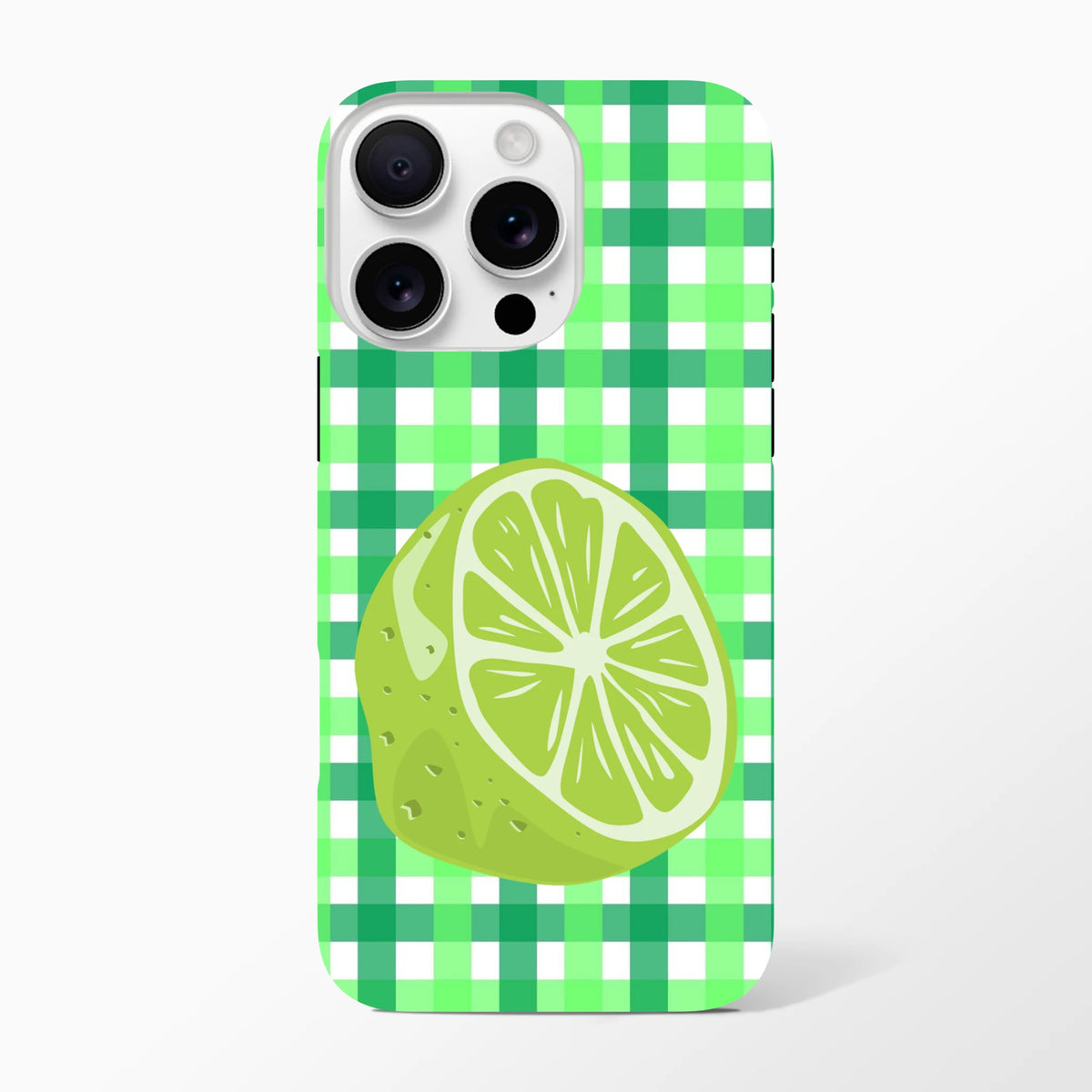 Lime gingham iPhone case featuring a citrus slice on a green checkered background. Tough, glossy phone cover for daily protection and streetside style.