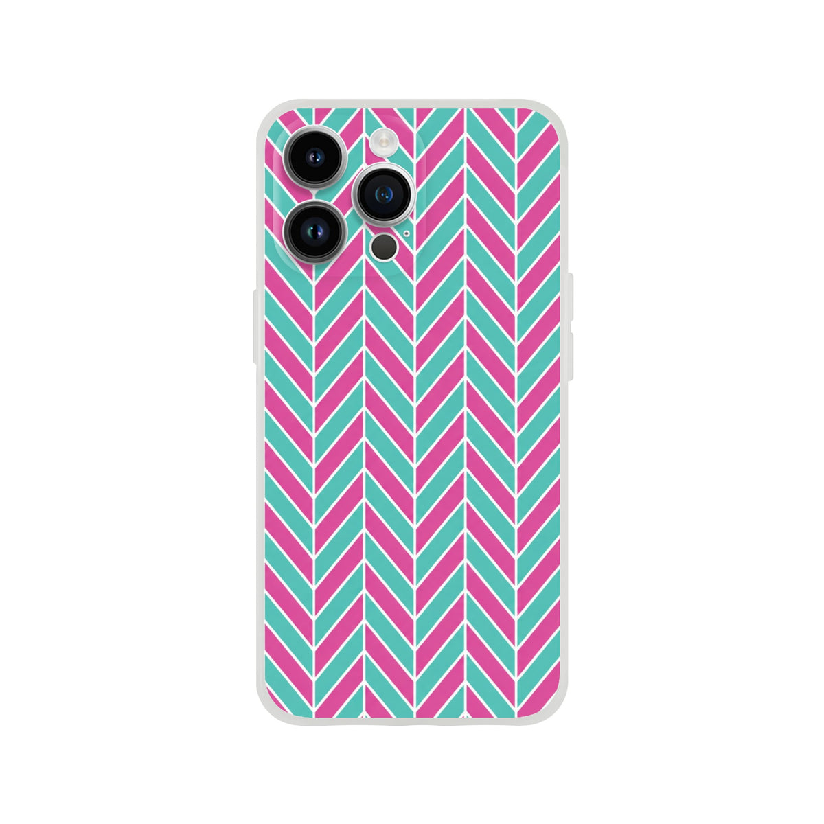 Pink and turquoise herringbone geometric iPhone case with matte TPU protection for models 13-16, supporting wireless charging.
