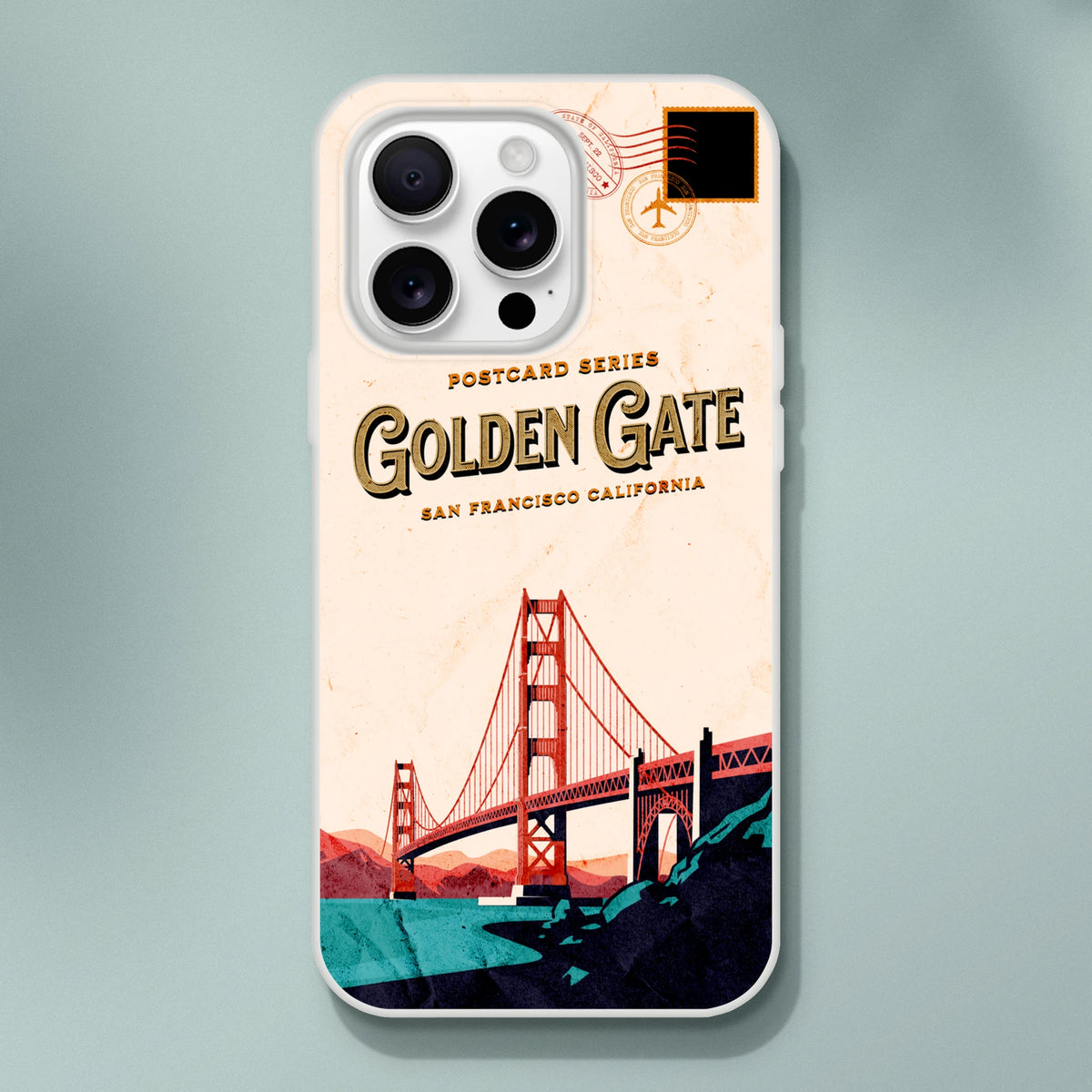 Vintage postcard-style iPhone case for iPhone 13-16 with Golden Gate Bridge design, San Francisco, USA.