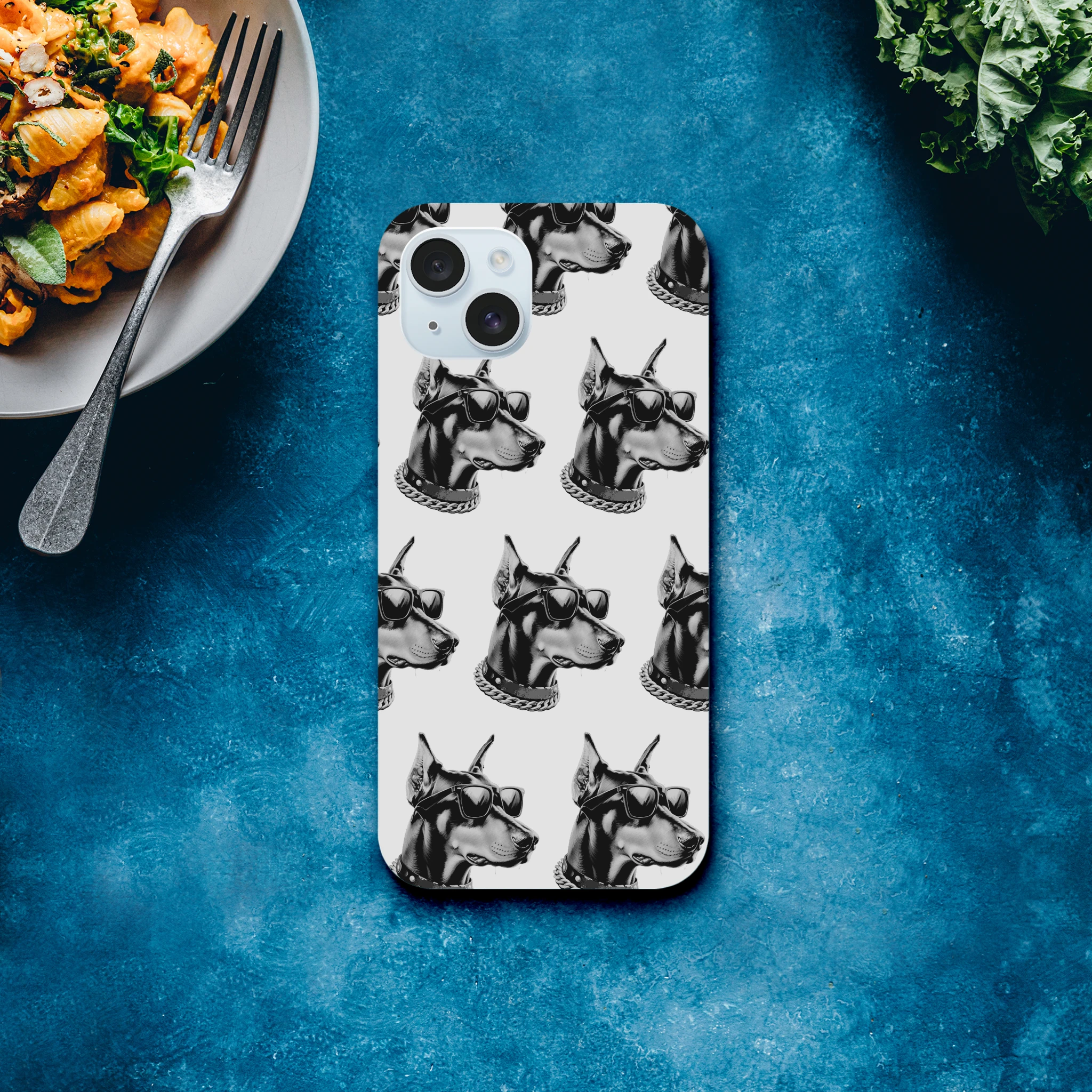 Gangster Dog iPhone case with wraparound sunglasses-wearing Doberman pattern, dual-layer glossy protective cover