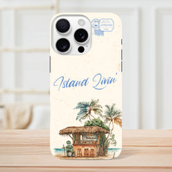 Island Beach Bar Tough iPhone Case for iPhone 13-16 with tropical island scene and palm trees.